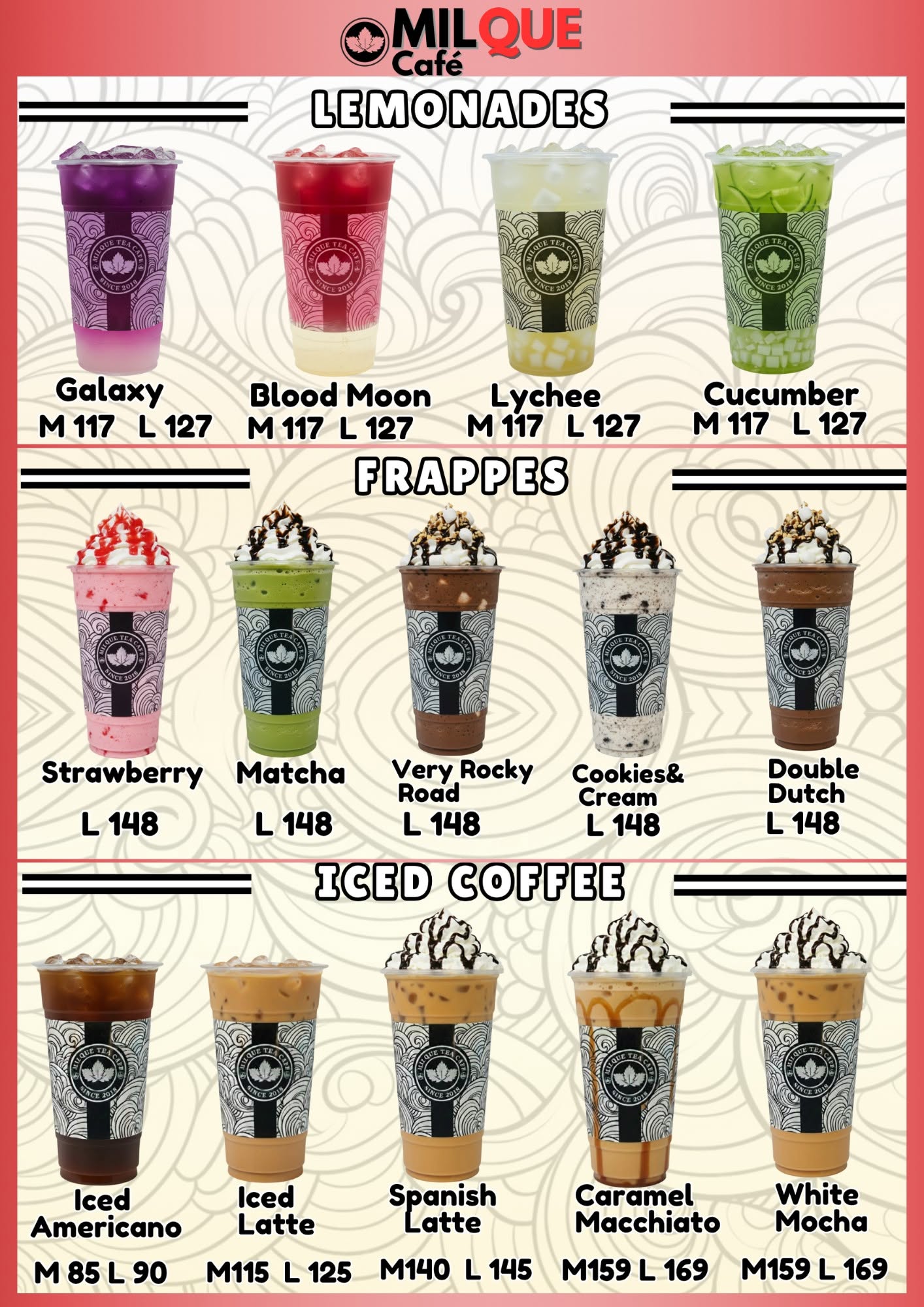 Lemonades, frappes & iced coffee menu